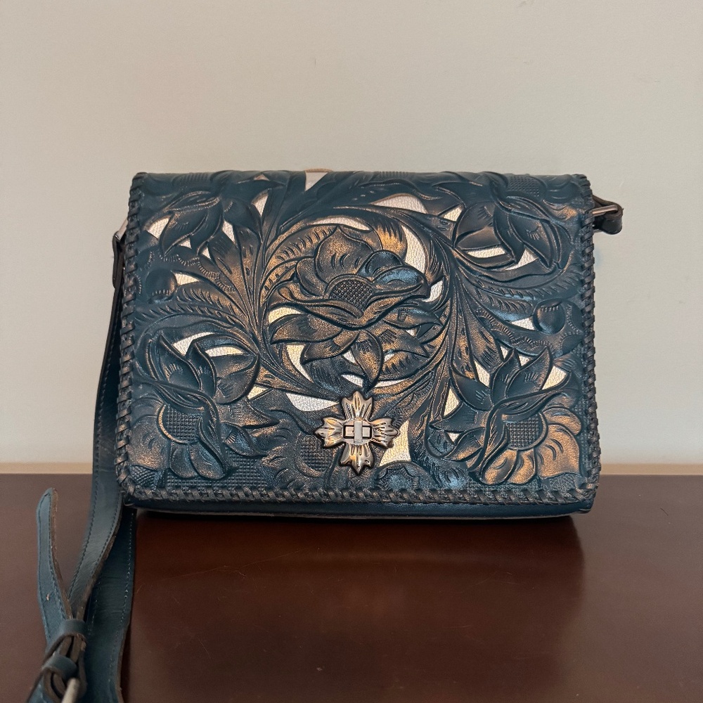 NWT: Patricia Nash tooled leather dark turquoise w/ adjustable shoulder strap